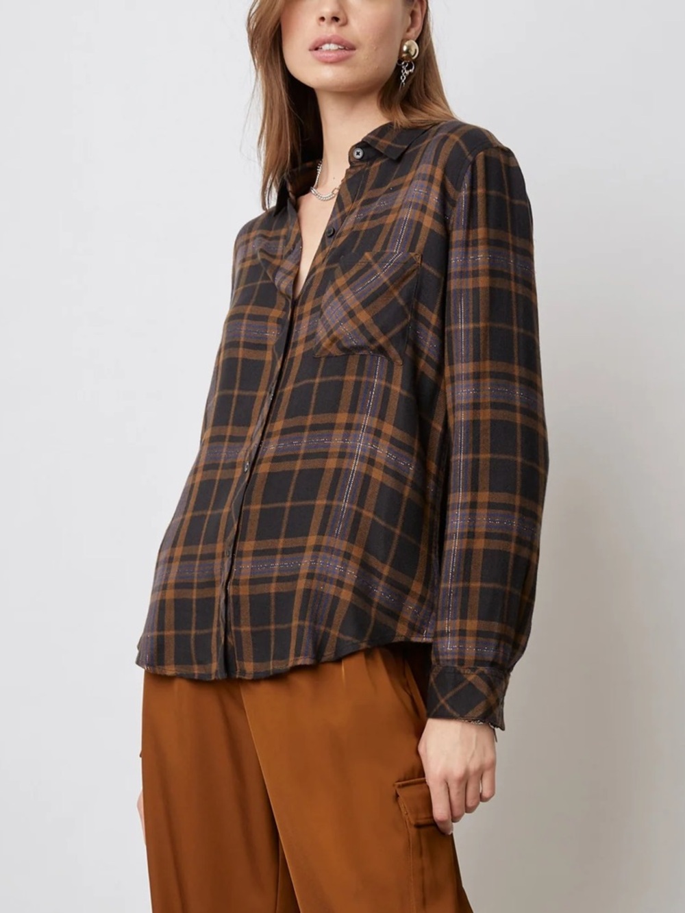 Rails Hunter Shirt Camel Black Lurex Metallic Plaid Button Down Medium